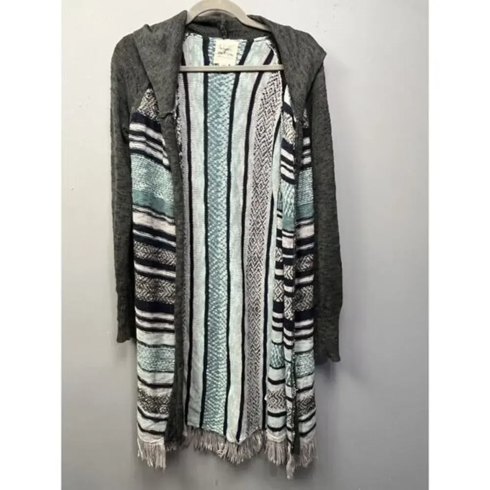 Between Me & You Open front Cardigan Womens Small Fringe Hooded Gray striped